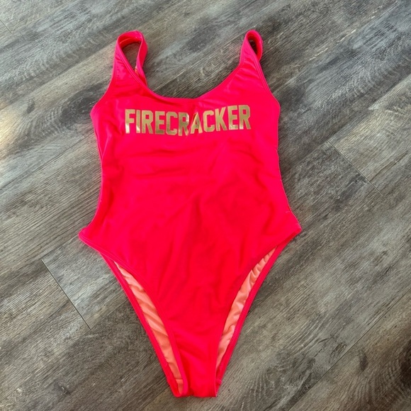 “Firecracker” Gold Graphic Writing High-Thigh One-Piece Swimsuit - Neon Pink - Picture 5 of 8